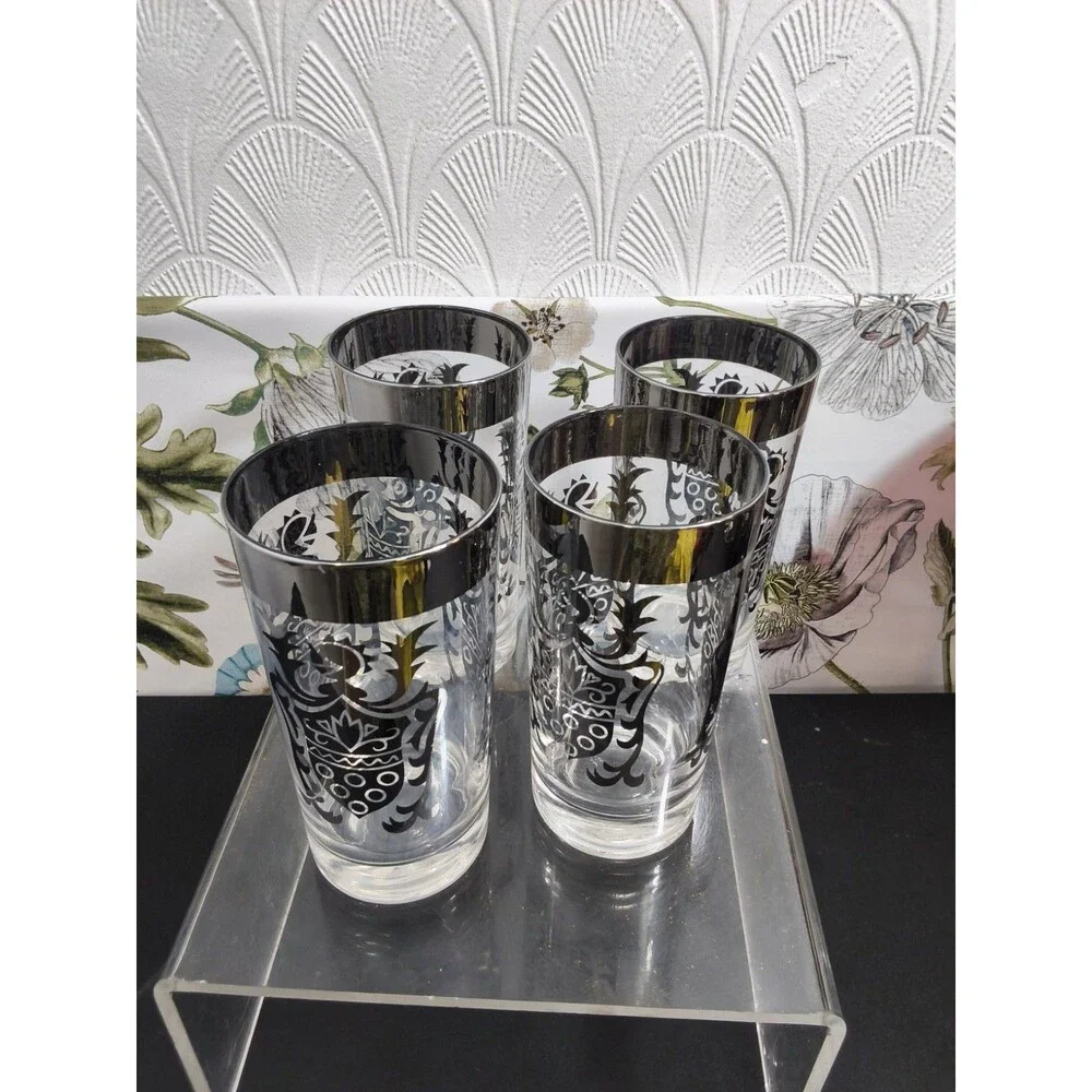 Vintage Mid Century Kimiko Silver Knight Shield Highball Tumbler Glass  Set of 4
